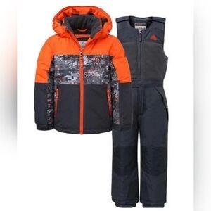 Snozu Boys 3T 2Pc Snowsuit Set Orange Black Hooded Jacket Bib Snow Pants